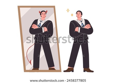 Business man seeing devil in reflection in mirror, for concept of duplicity and hypocritical behavior. Guy is fraudster, evil on inside and kind on outside, showing hypocritical smile to mislead