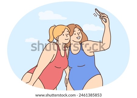 Overweight women in swimsuits take selfie on beach on smartphones. Smiling fat girlfriends photograph self-portrait picture on cellphone. Vector illustration.