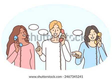 Smiling diverse multiracial people with speech bubbles talk on landline phones. Happy multiethnic men and women speak chat on corded telephones. Communication. Vector illustration.