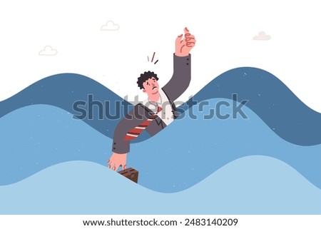 Business man drowning in sea, for concept of mortal danger due to crisis and corporate bankruptcy. Guy drowning in water and calling for help, after collapse of company and massive layoff of employees