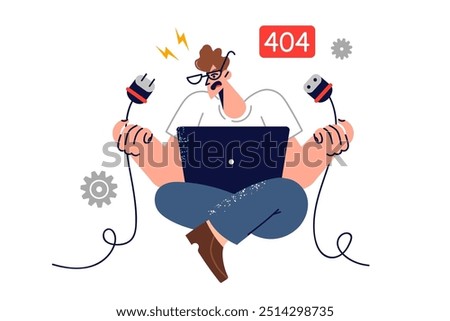 Error 404 causes panic in man with laptop holding broken wire and trying to fix internet. Problem 404 in computer of student guy who is outraged by occurrence of bugs in software or website