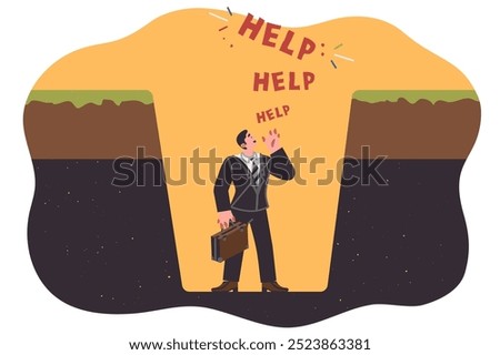 Trap for business man shouting help, standing at bottom of hole, as metaphor for bankruptcy. Manager fell into financial trap due to crisis and needs help to avoid ruin and loss of all property