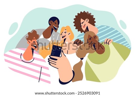 Happy friends take selfie together on their phone as souvenir of cool friday night party. Multiethnic men and women using smartphone posing for selfie or recording video for social network