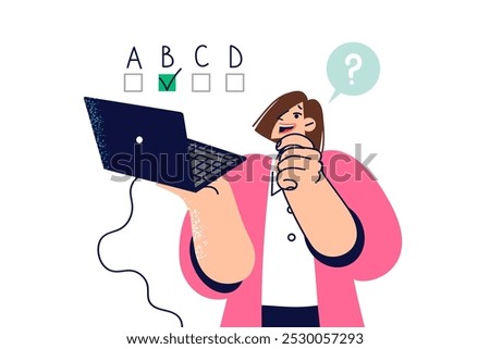 Woman thinks taking online test on laptop and chooses one of options offered by program. Girl visits website with test to determine compatibility with boyfriend or choose career path