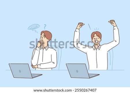 Man office worker rejoices at completing difficult task, sitting near to stupid colleague scratching chin. Guy office employee in formal wear at workplace with laptop near pensive manager