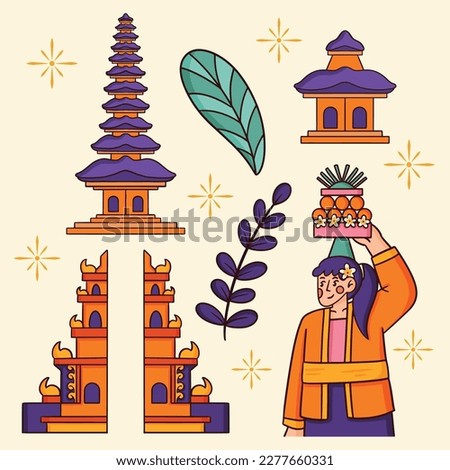 Vector hand drawn illustration object hindu pura temple bali nyepi day  hindu indonesia, woman, leaves, with flat design asset package template set