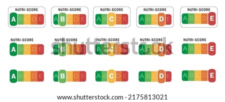 Nutriscore horizontal stickers set. 5-Colour Nutrition Label. Nutri-Score system in France. Consumer-friendly labeling. Vector Nutri-Score system sign. Health care symbol logo for packaging design