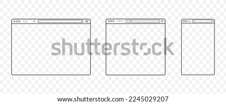 Web browser mockup frame on transparent background. Outline transparent computer browser. Isolated blank website page. Simple design.  Stock Vector graphics