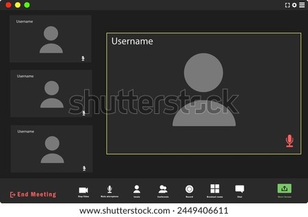 Template video conference user interface, video conference calls window overlay. Video conference user interface. Four users. Application for social communication.