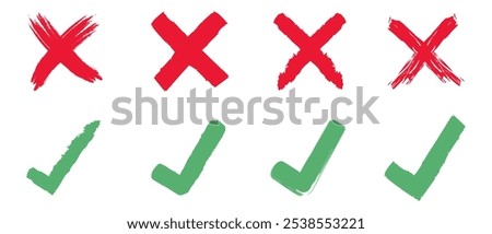 Grunge Green Check mark and Red cross x vector icon. Yes sing. No wrong symbol. Green sign of consent. Red wrong mark.  Delete sign. delete, vote sign. Vector illustration