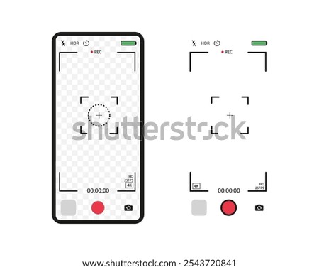 Application for recording from mobile camera. Smartphone mockup for photo, selfie and video. Camera interface on the phone screen.  Viewfinder, focus, record, grid.  