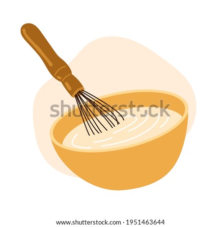A bowl with white sauce, dough and whisk. Cooking recipe icon, mixing ingredients. Bakery design element. Simple hand-drawn illustration, isolated on white background.