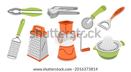 Grater, garlic press, pizza knife, peeler, juicer, squeezer, vegetable cutter and nut cracker. Set of manual kitchen tools, kitchenware appliance, equipment. Hand-drawn vector illustrations.