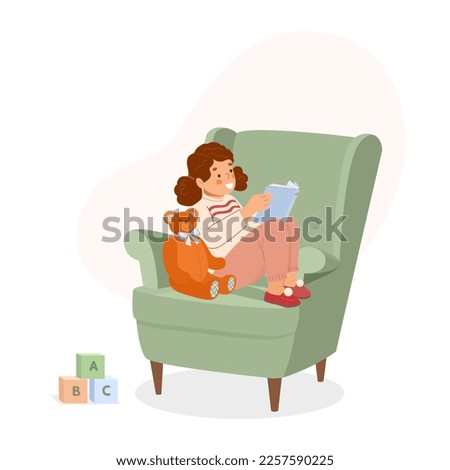 Little girl with book in her hands sits on green vintage armchair and reads book aloud to teddy bear. Сoncept of children's education, learning to read, family hobby. Vector illustration. 