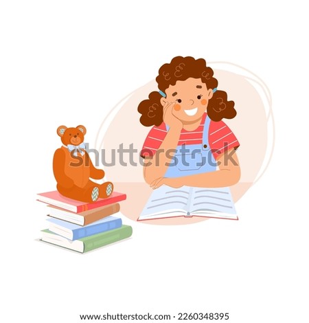 Little girl sits at table and reads book aloud to teddy bear. Child learns lessons at home. There is stack of books on table. Concept of education, literacy, learning, reading. Vector.