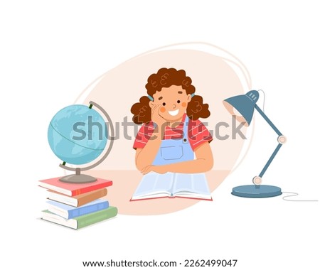 Cute little girl sits at desk and reads book. On table are stack of books, globe, lamp. Lesson at school, study at home. Concept of children's education, literacy, diligence, learning. Vector.