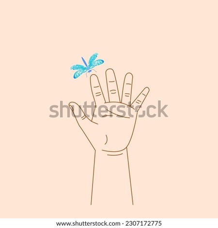 Hand of  child with palm extended vertically upwards holds  blue dragonfly on his forefinger. Vector illustration on  peach background. Concept of childhood, openness to the world, love for nature.