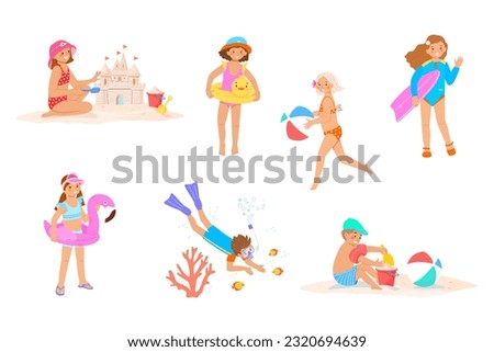 Similar – Image, Stock Photo Little girl building sand castle on beach