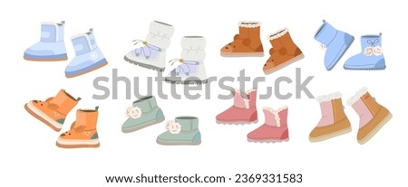 Set of winter fur warm children's shoes for boys and girls of different models, shapes and colors. Cute vector boots on white isolated background in flat style.