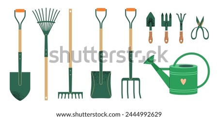 Set of garden tools made of metal, wood, plastic: rake, shovel, fan rakes, scoop, scissors, watering can. Cute vector illustration on white isolated background with textures.