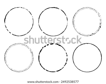 Six circle-shaped frames with uneven, torn, thin edges. Vector hand drawn illustration of paint prints of bottom and neck of bottle. Texture brush.