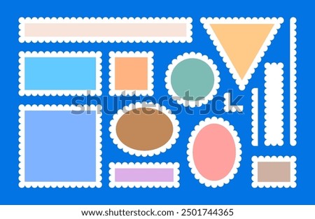 Set of cute frames of different colors and geometric shapes with rounded edges. Vector illustration of rectangles, square, circle, oval, triangle for text, photo, collage in children's retro style.