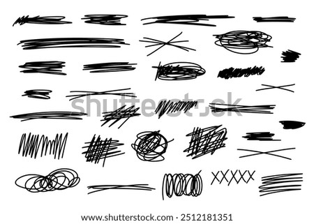 Set of hand drawn horizontal marker lines, stripes, brush strokes, strikethroughs, underlines, stripes, spots. Vector illustration of textured scribbles in black on white isolated background.