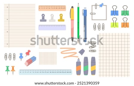 Clean empty sheets of paper in a cage, in line, cards for notes, studying foreign words, pens, pencil, markers, rulers, paper clips, push pins. Vector illustration of stationery for school, office.