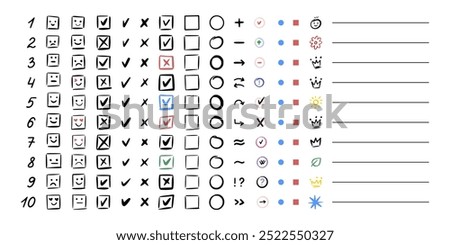 Set of icons, symbols for designing to-do list, planning, shopping, list. Numbers, check marks, strikethroughs, emotions, frames, circles, squares. Hand-drawn vector illustration on white background.