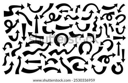 Set of black arrows with tapered tip and wide base of different shapes and sizes with clear, neat, even edges in doodle style. Vector illustration on white isolated background.