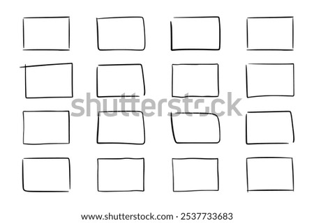 Set of rectangular horizontal empty frames A4 size for titles, text, emphasis, diagram, table. Vector linear, contour hand drawn illustration.