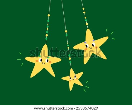 Three golden five-pointed Christmas stars with eyes, smiling mouth hanging on ribbon with beads, swinging, dancing, shining, sparkling on green background. Cute vector illustration of happy family.