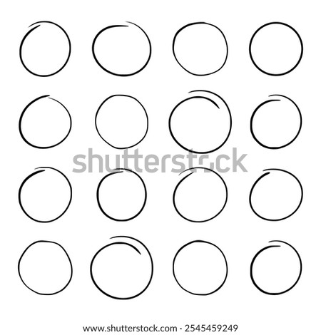 Set of hand drawn round frames with open black thin line. Vector table with four rows and columns in handwritten font. Template for text, highlight, accent stroke to attract attention.