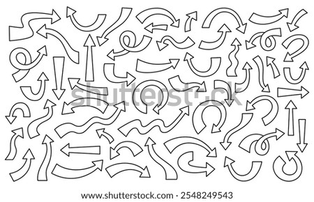 Set of dimensional thick arrows, hand-drawn with thin black outline. Pointers of different shapes and sizes for social networks, websites, presentation design. Vector illustration.