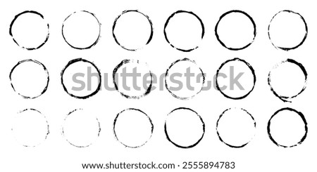 Set of linear circles with uneven interrupted contour with drips and splashes. Prints of bottom of mug with coffee, stamp imprint with thin and thick lines. Vector illustration on white background.