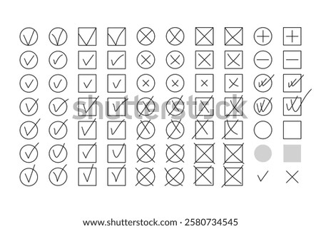 Set of check marks, crosses of various shapes in square, round frames. Approved list icons, to-do list, voting template element. Vector symbols of correctly marked answers to questions during testing.