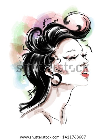 Hand drawn beautiful young woman with fashion colorful hairstyle. Stylish girl. Fashion woman. Female profle. Sketch. Vector illustration.
