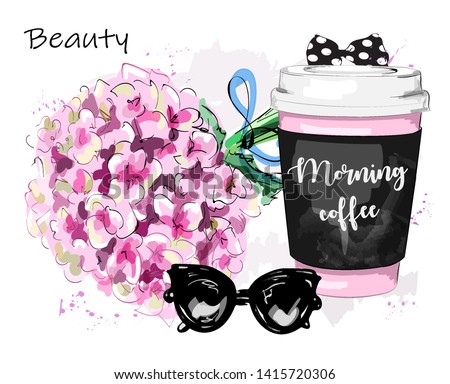 Hand drawn stylish set with flowers, coffee cup, sunglasses and bow. Sketch. Vector illustration. 商業照片 © 