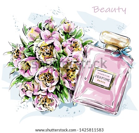 Hand drawn cute set with flowers and perfume bottle. Sketch. Vector illustration. 商業照片 © 