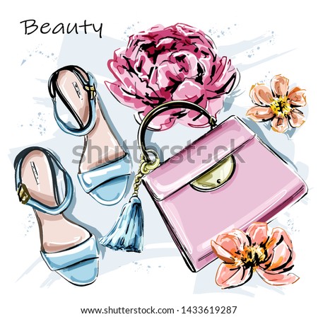 Hand drawn cute set with stylish accessories. Fashion shoes, pink bag and flowers. Sketch. Vector illustration.