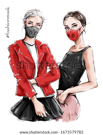 Hand drawn two beautiful young women in ear loop face masks. Fashion girls. Stylish women in masks. Two girls wearing coronavirus medical masks. Coronavirus concept. Fashion illustration. 