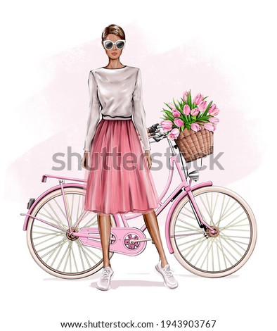 Beautiful young blond hair girl standing near bicycle. Fashion girl. Pretty woman in skirt. Girl in pink fluffy tulle skirt. Fashion illustration.