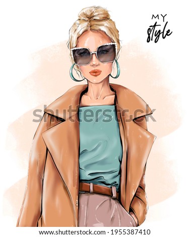 Fashion blond hair woman. Beautiful girl in sunglasses. Stylish girl in coat. Fashion illustration.