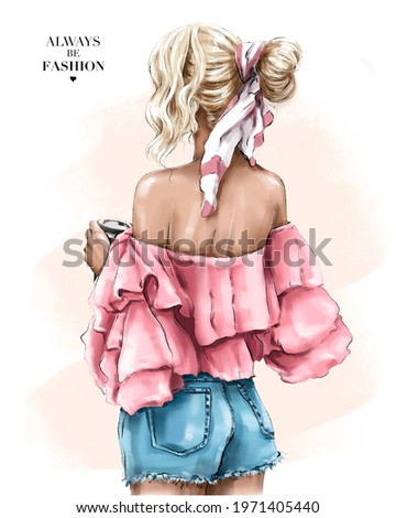 Fashion blond hair girl back. Fashion look. Stylish girl in jeans shorts. Blonde holding paper coffee cup. Woman with beautiful hairstyle. Fashion illustration.