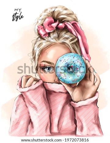 Blond hair girl holding doughnut near her eye. Fashion girl with beautiful hairstyle. Pretty young woman. Fashion illustration.