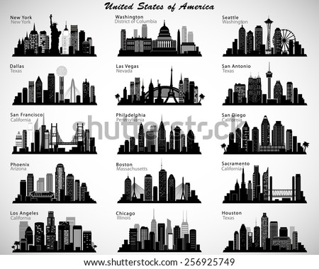 USA cities skylines set. Vector silhouettes