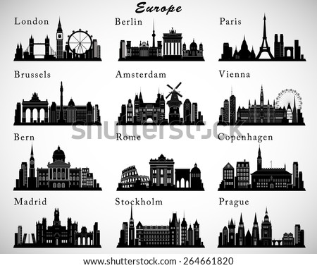 European Cities skylines set. Vector silhouettes Stock fotó © 