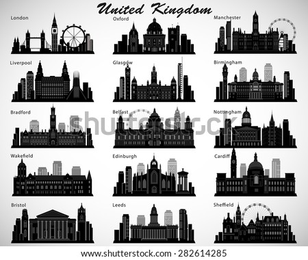 Britain's cities skylines set. Vector silhouettes. United Kingdom of Great Britain and Northern Ireland