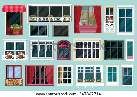 Set of detailed various colorful windows with windowsills, curtains, flowers, balconies. Flat style vector illustration