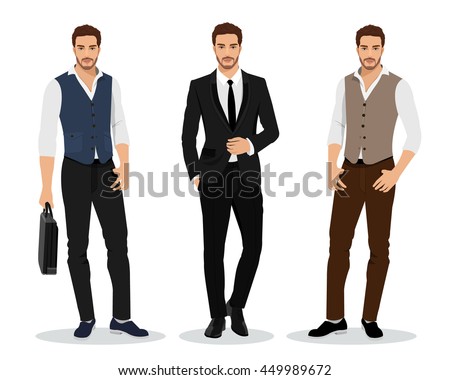 Stylish high detailed graphic businessmen set. Cartoon male characters. Men in fashion clothes. Flat style vector illustration.
